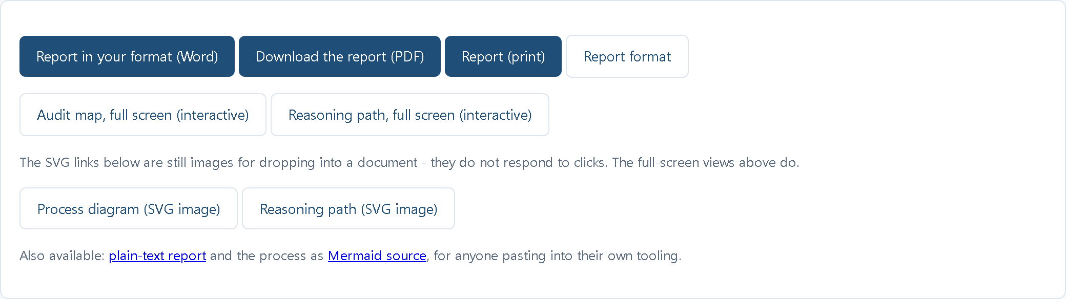 Export: the report in your own Word format, PDF or print, and the maps as full-screen views or images.